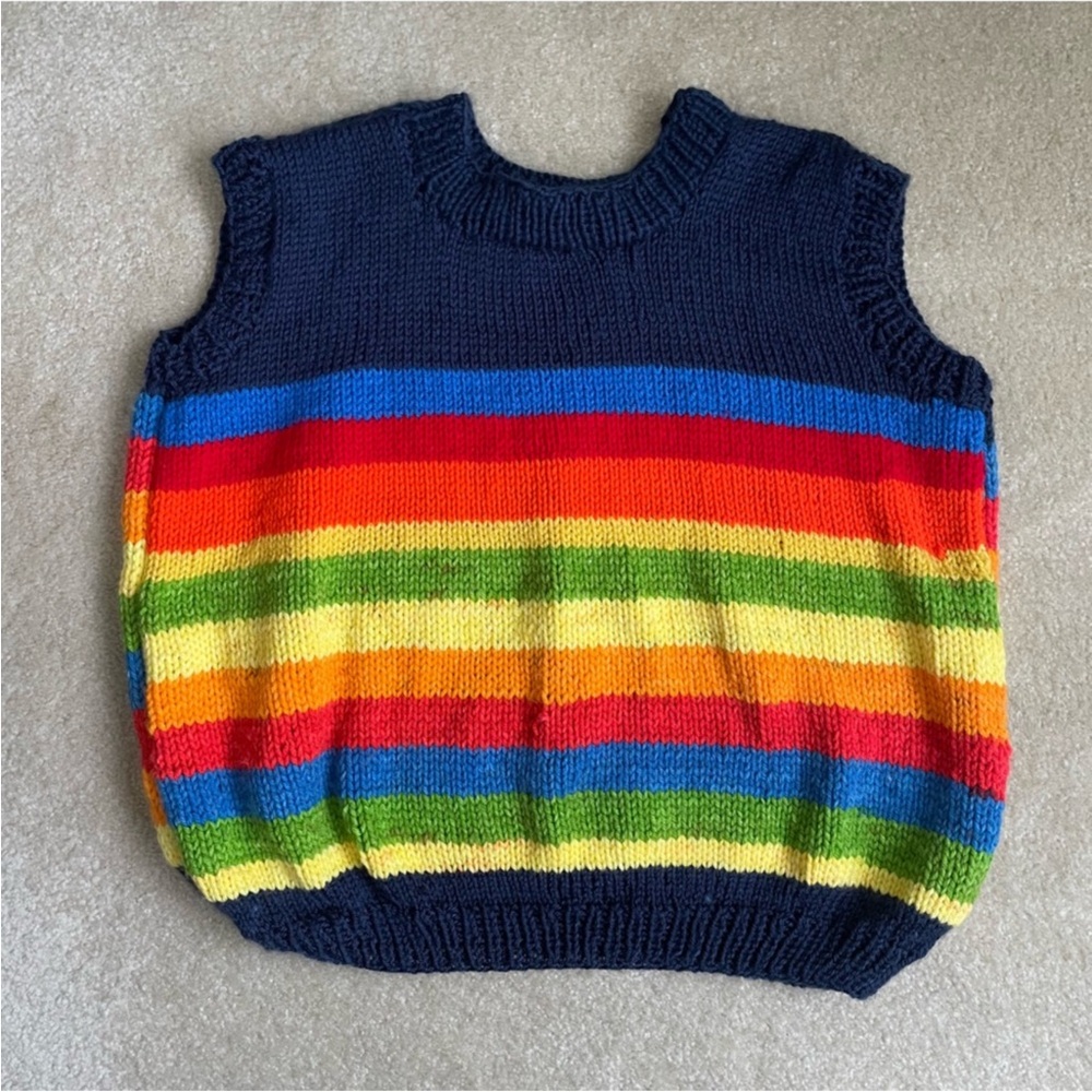 Hand Knit Sweater Vest Large Rainbow Sleeveless Colorful Boxy Teacher Boxy - Picture 7 of 10